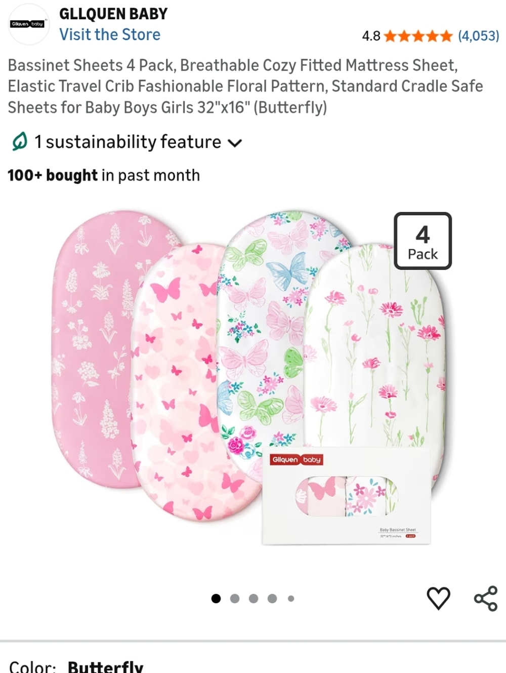 Butterfly Bassinet Sheets - 4-Pack (Pink/Green Floral)